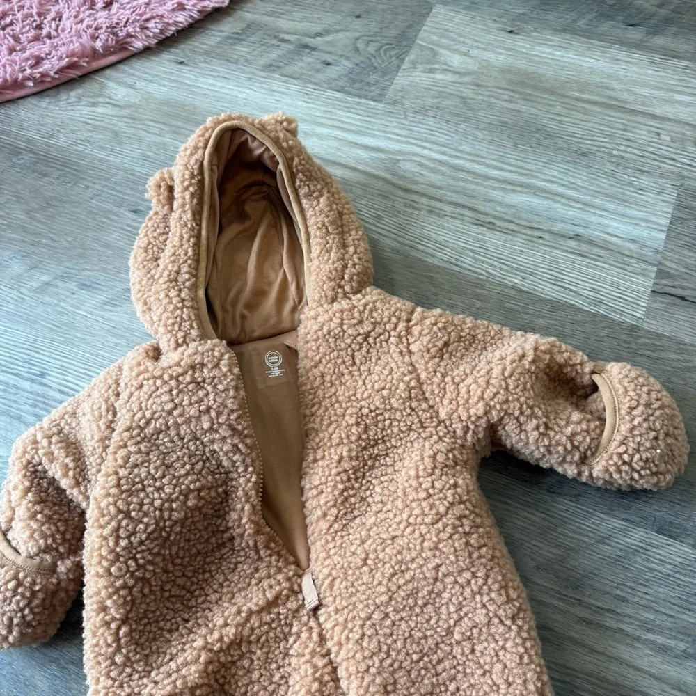 Wonder Nation 3–6 M Brown Teddy Fleece Snowsuit • Bear‑Ear Hood • One‑Piece
